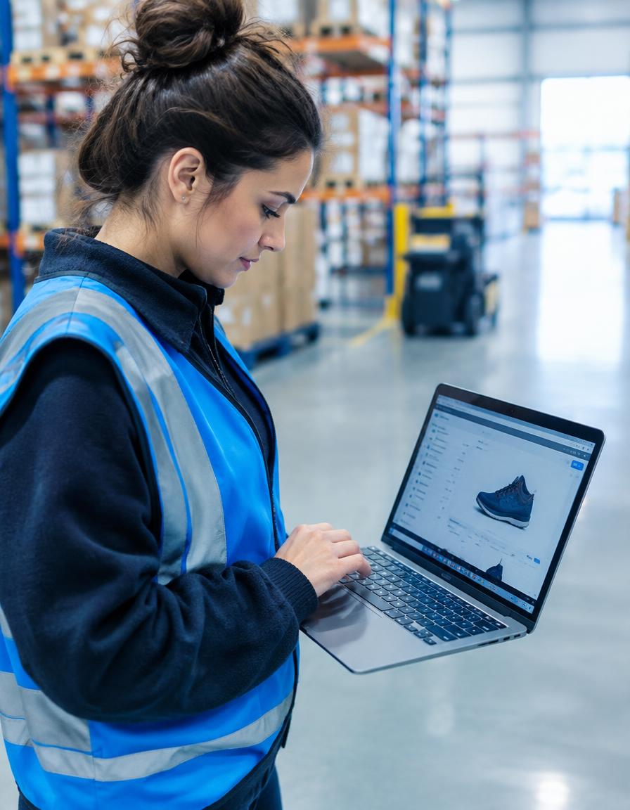 An operator in a warehouse reviewing a product on a laptop