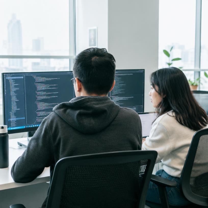 Engineers working at monitors full of code