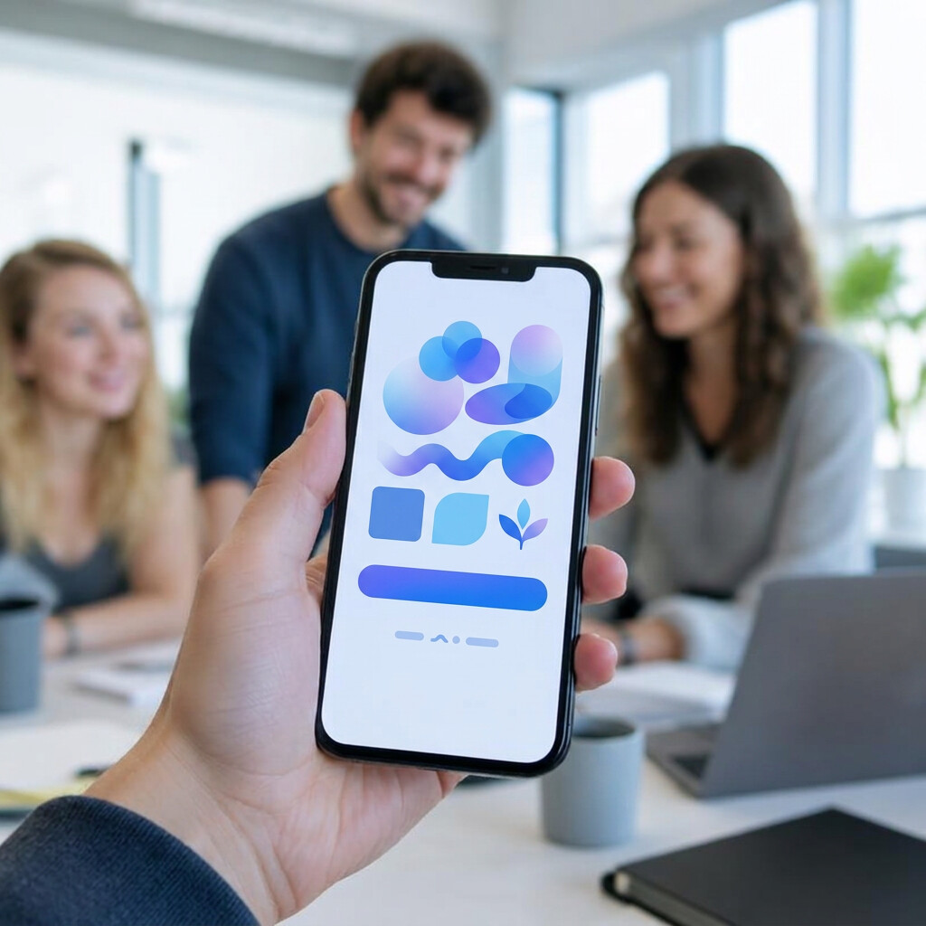 Hand holding a phone showing a newly launched app