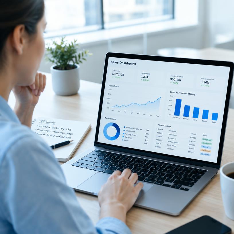Person reviewing a sales dashboard on a laptop