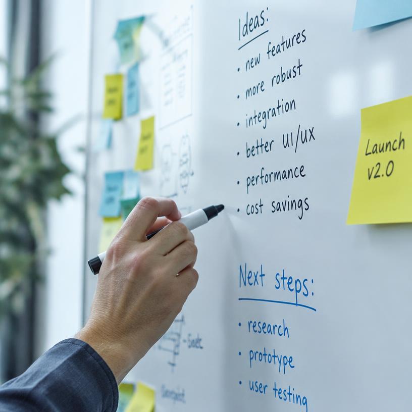 Hand writing notes on a whiteboard covered in sticky notes