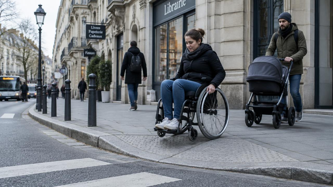 A wheelchair user and a parent with a stroller on a city sidewalk with a curb ramp