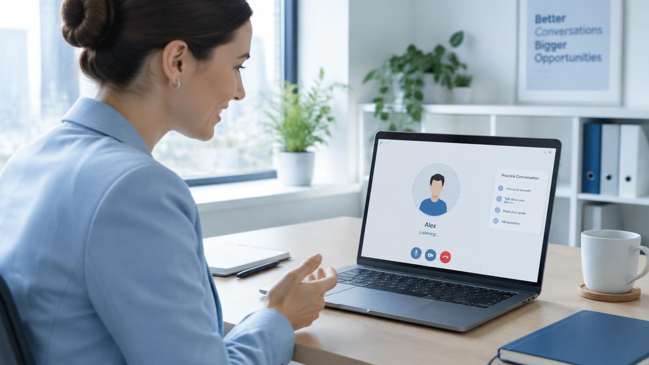 A professional practicing a conversation with an AI avatar on a laptop video call